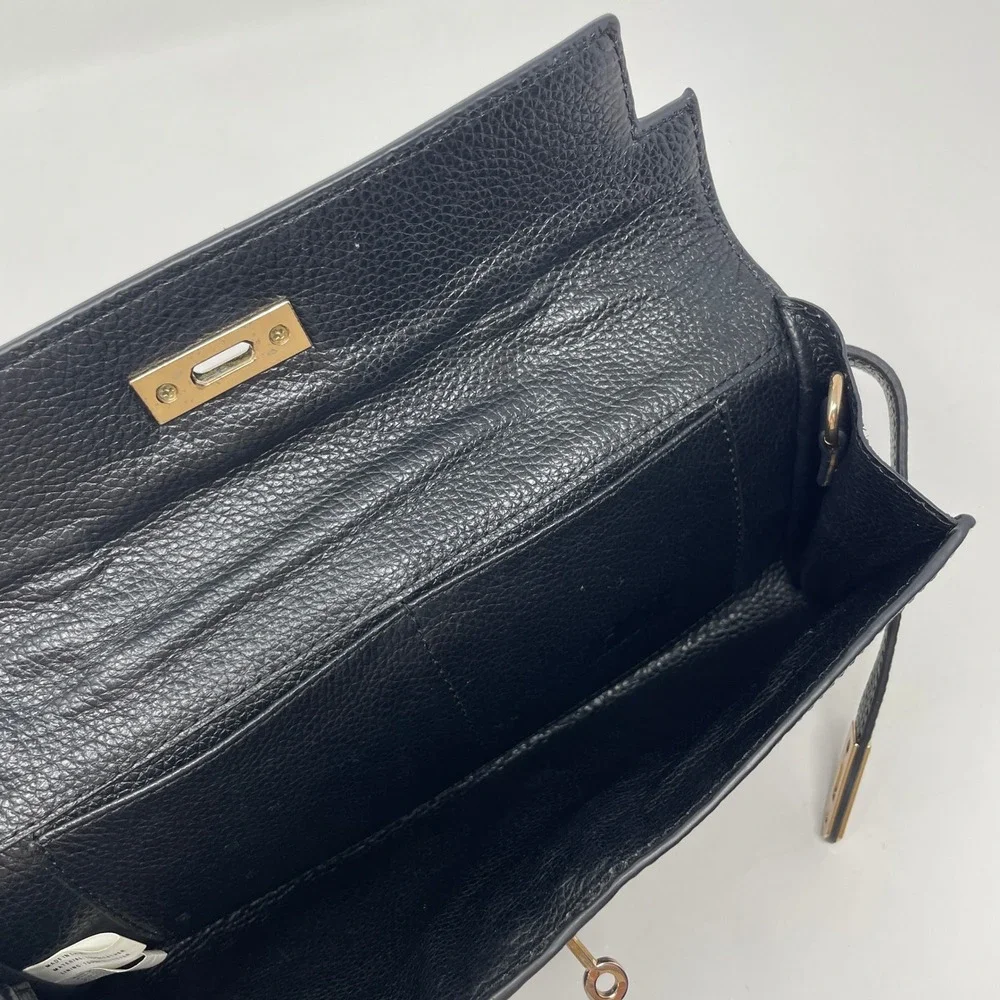 Zenith Black Pebbled Leather Clutch Bag Gold Turn Lock Hardware Handle Handbag